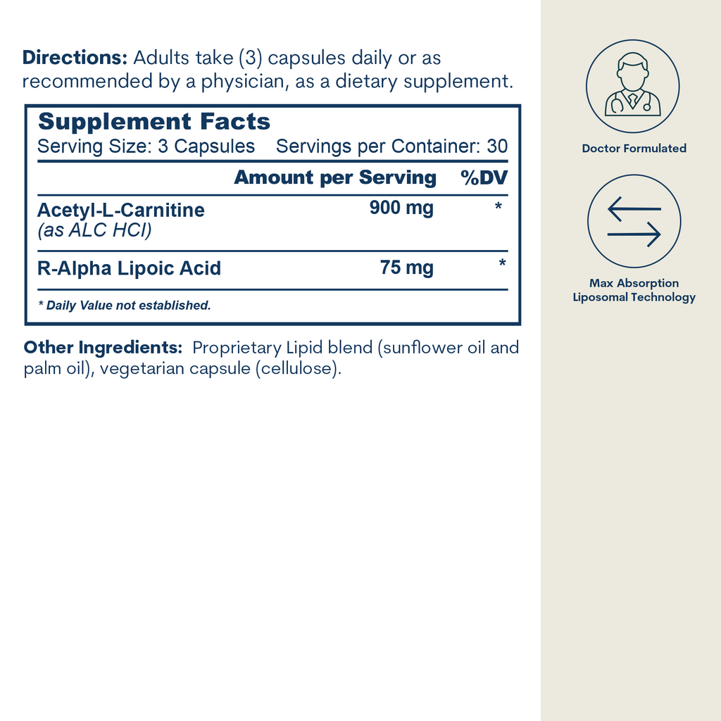 Liposomal ALC and R-ALA - Capsules (90 Count/ 30 Servings)