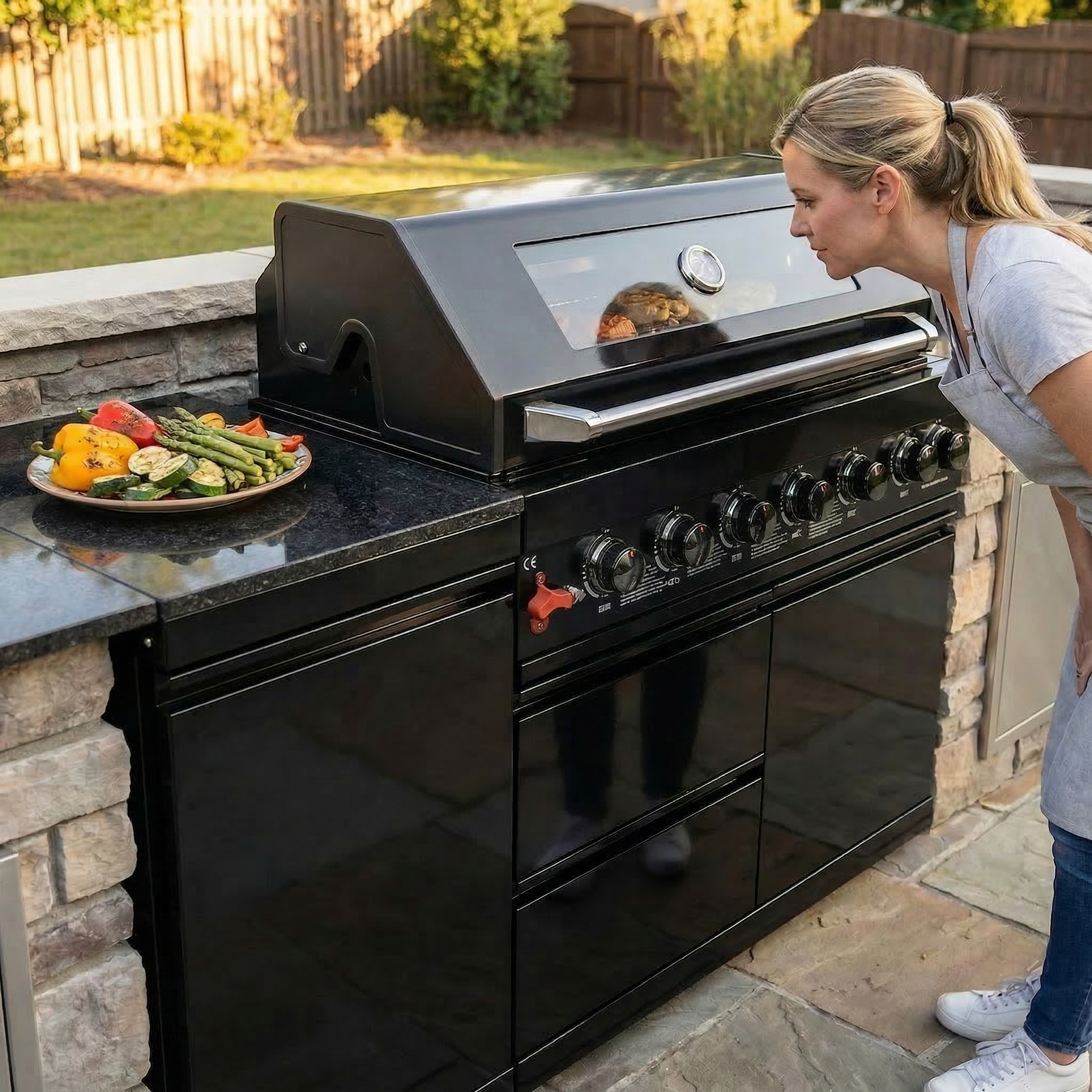 63" 6-Burner 85,000 BTU Black Outdoor Kitchen Island Grill + Marble Countertops