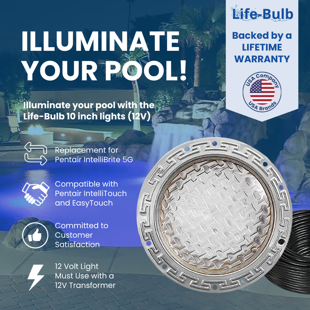 Life-Bulb 10" Color LED Inground Pool Light (100ft Cord) | Replaces Pentair IntelliBrite 5G (12V) | Lifetime Replacement Program
