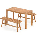 3 Pieces Acacia Wood Patio Dining Set Outdoor Rectangular Table and Benches with Slatted Seats