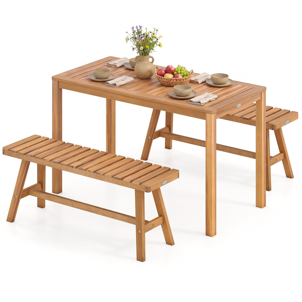 3 Pieces Acacia Wood Patio Dining Set Outdoor Rectangular Table and Benches with Slatted Seats