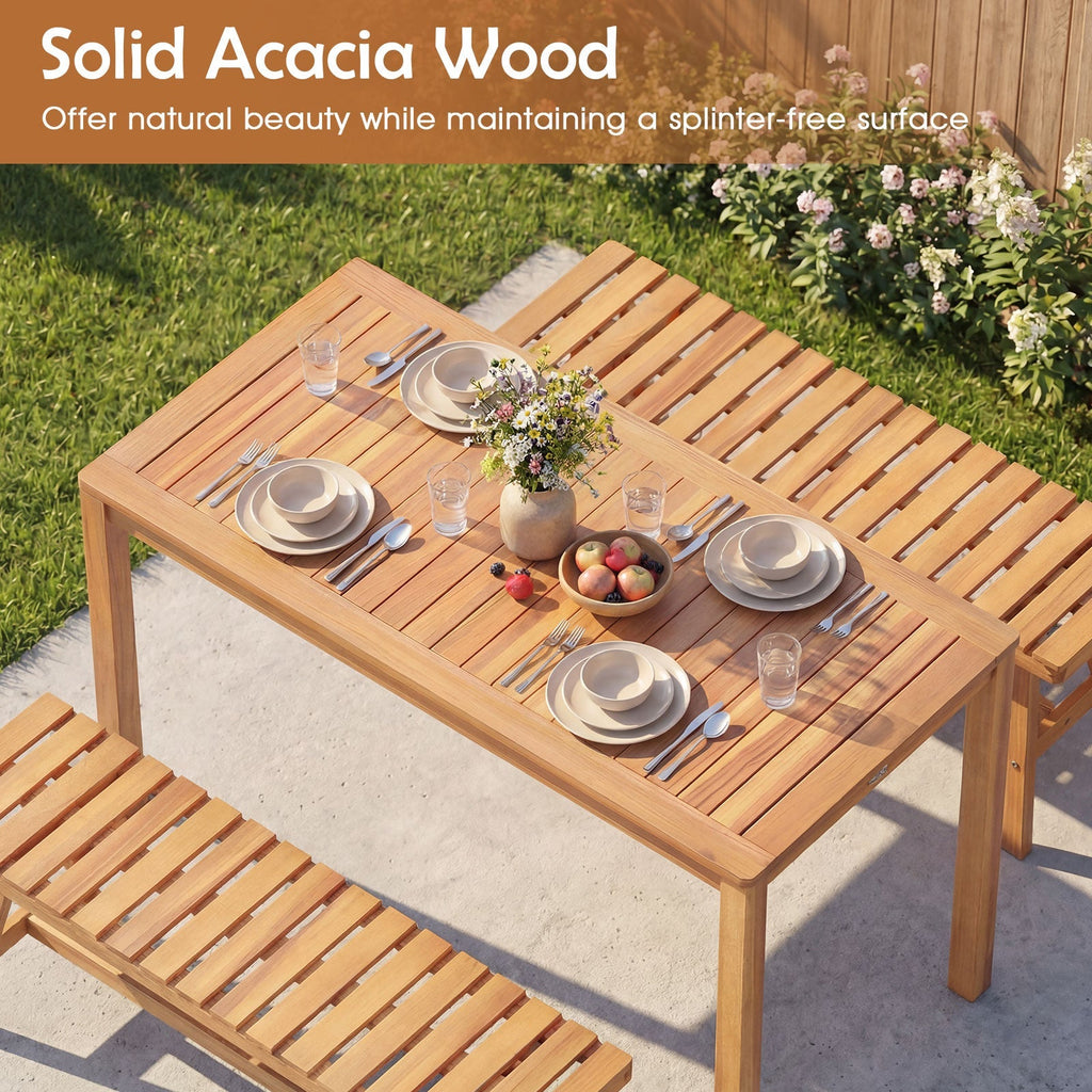 3 Pieces Acacia Wood Patio Dining Set Outdoor Rectangular Table and Benches with Slatted Seats