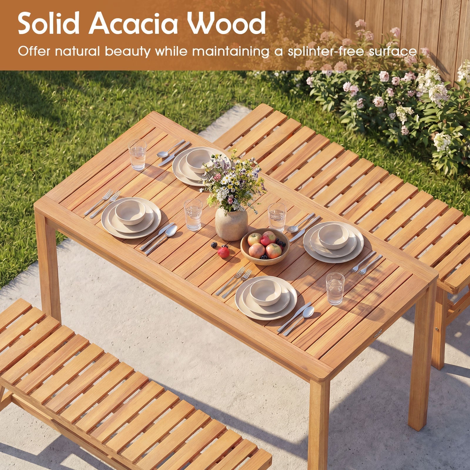 3 Pieces Acacia Wood Patio Dining Set Outdoor Rectangular Table and Benches with Slatted Seats