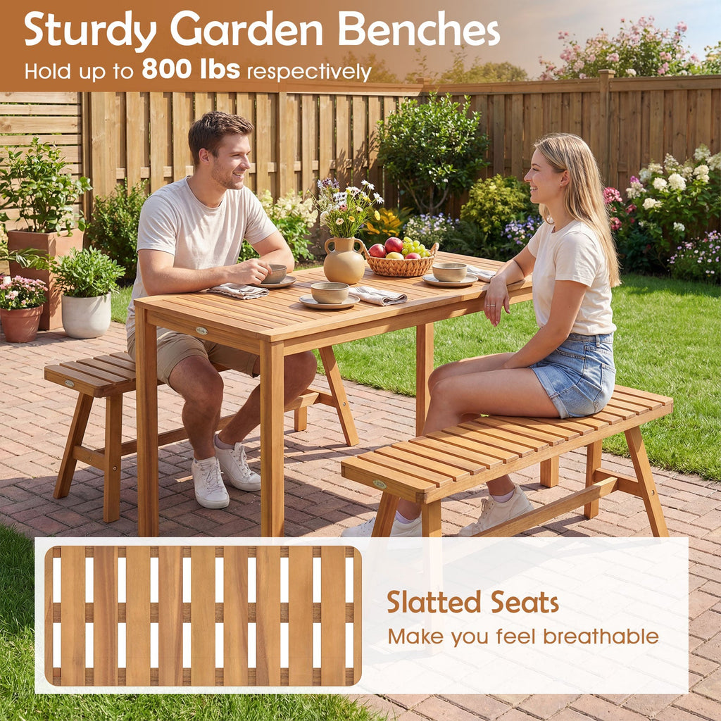 3 Pieces Acacia Wood Patio Dining Set Outdoor Rectangular Table and Benches with Slatted Seats