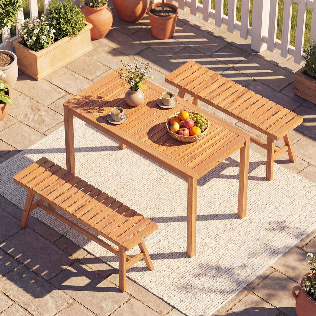 3 Pieces Acacia Wood Patio Dining Set Outdoor Rectangular Table and Benches with Slatted Seats