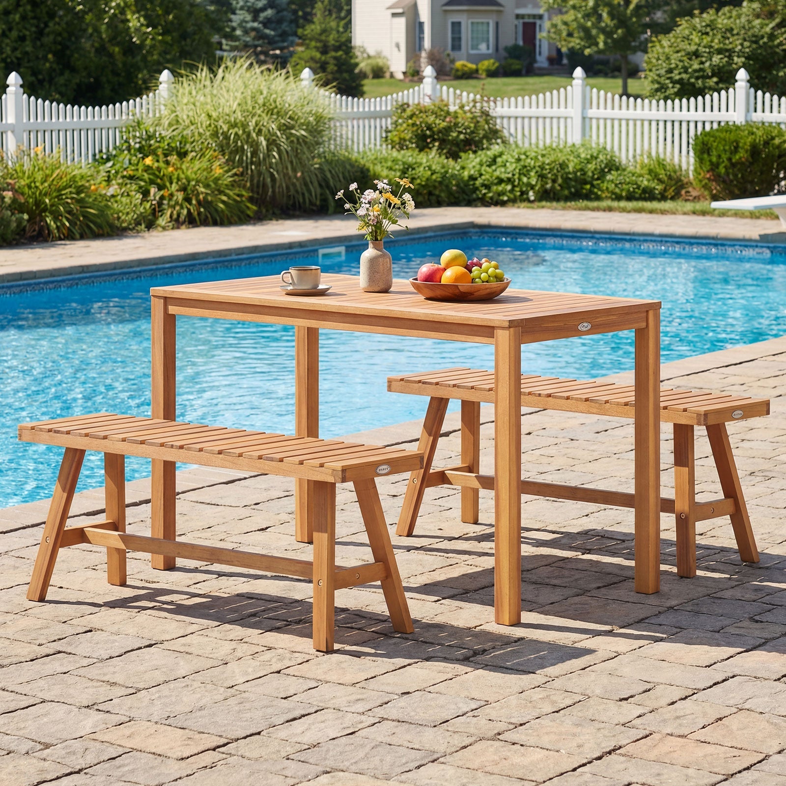 3 Pieces Acacia Wood Patio Dining Set Outdoor Rectangular Table and Benches with Slatted Seats