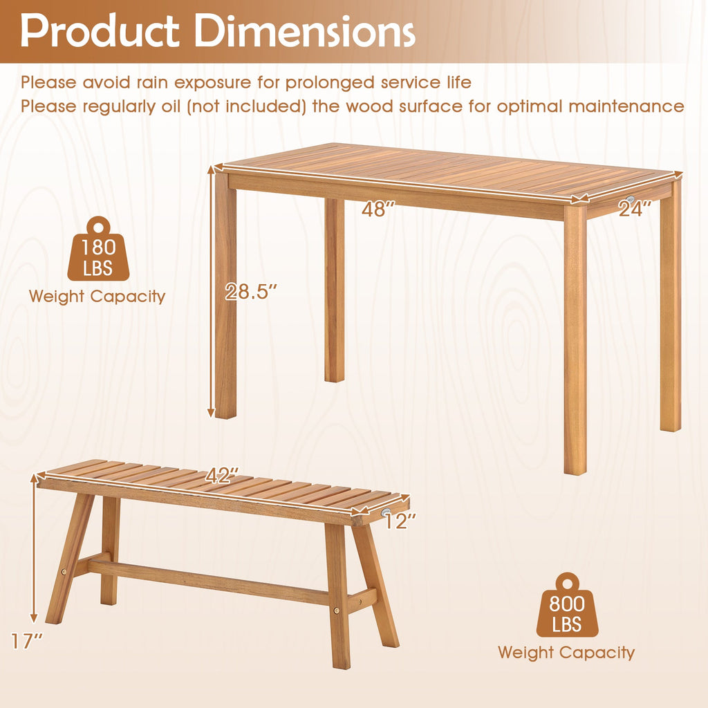 3 Pieces Acacia Wood Patio Dining Set Outdoor Rectangular Table and Benches with Slatted Seats