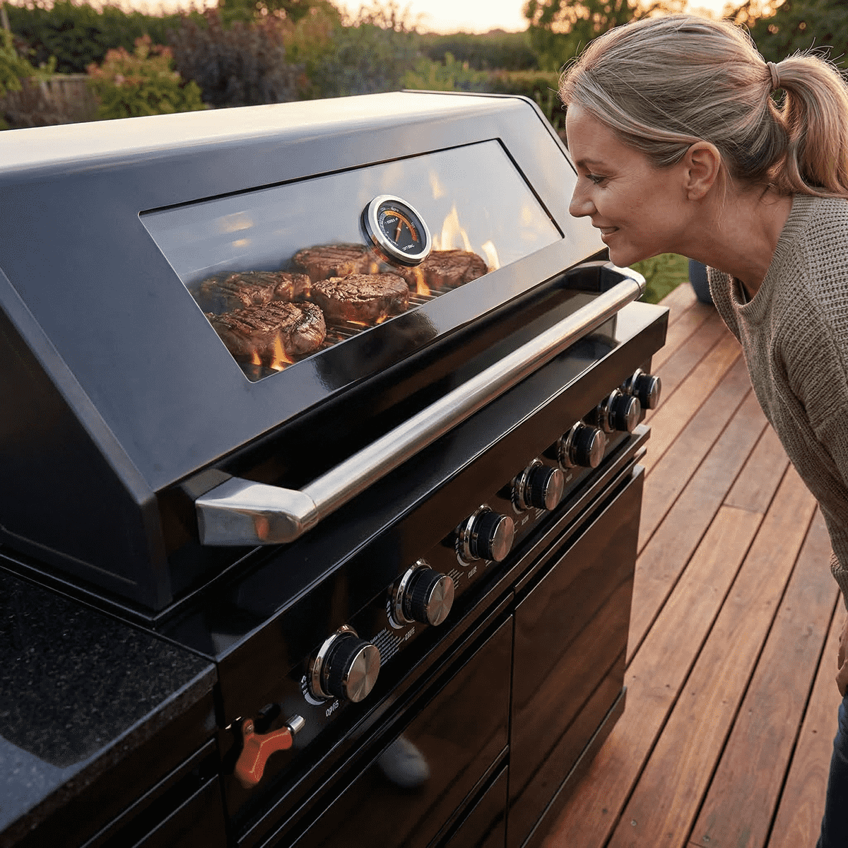 63" 6-Burner 85,000 BTU Black Outdoor Kitchen Island Grill + Marble Countertops