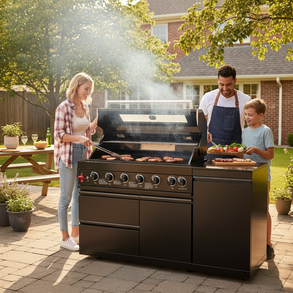 63" 6-Burner 85,000 BTU Black Outdoor Kitchen Island Grill + Marble Countertops