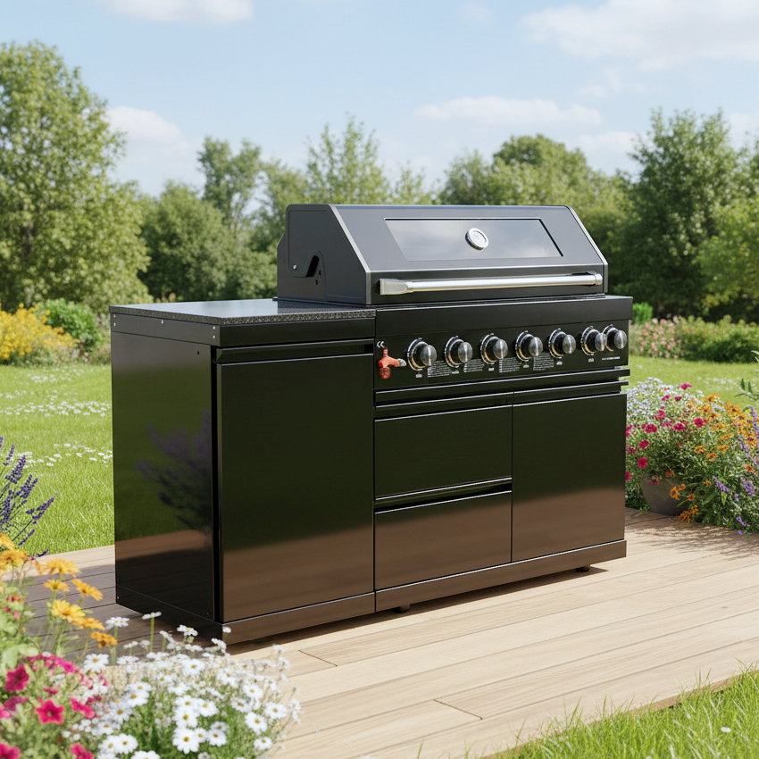 63" 6-Burner 85,000 BTU Black Outdoor Kitchen Island Grill + Marble Countertops