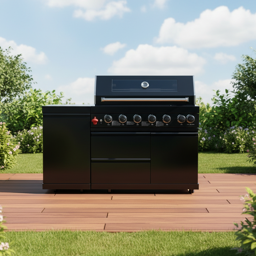 63" 6-Burner 85,000 BTU Black Outdoor Kitchen Island Grill + Marble Countertops
