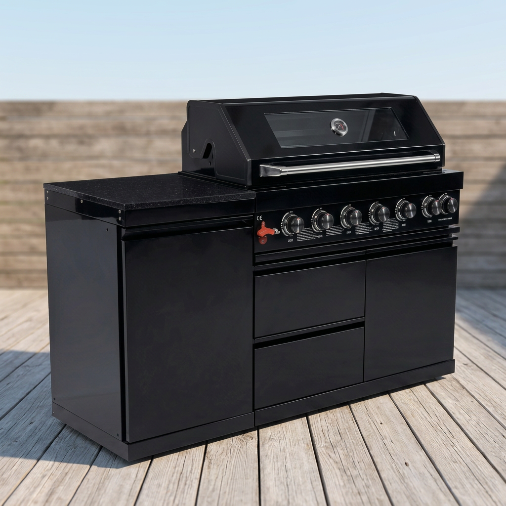 63" 6-Burner 85,000 BTU Black Outdoor Kitchen Island Grill + Marble Countertops
