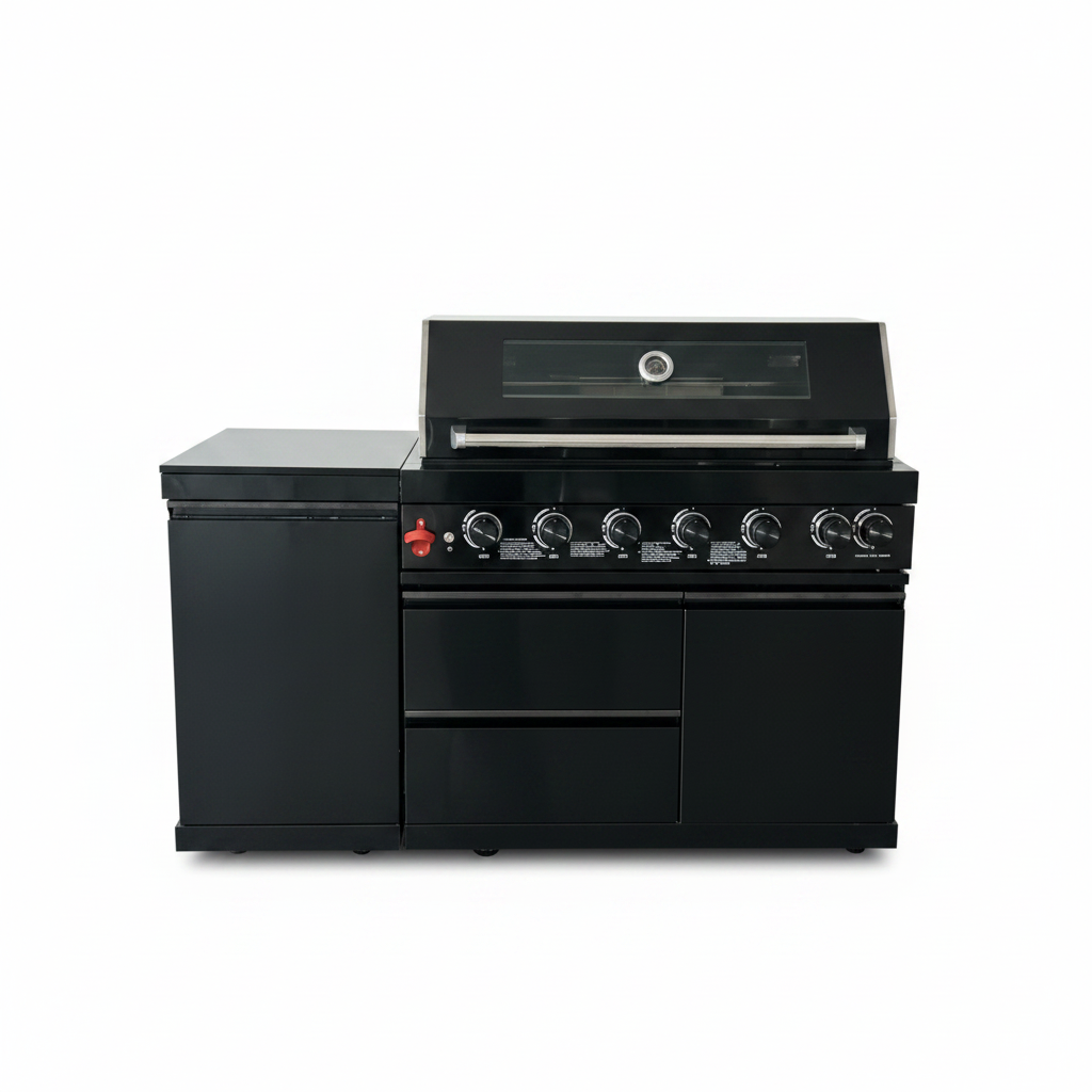 63" 6-Burner 85,000 BTU Black Outdoor Kitchen Island Grill + Marble Countertops