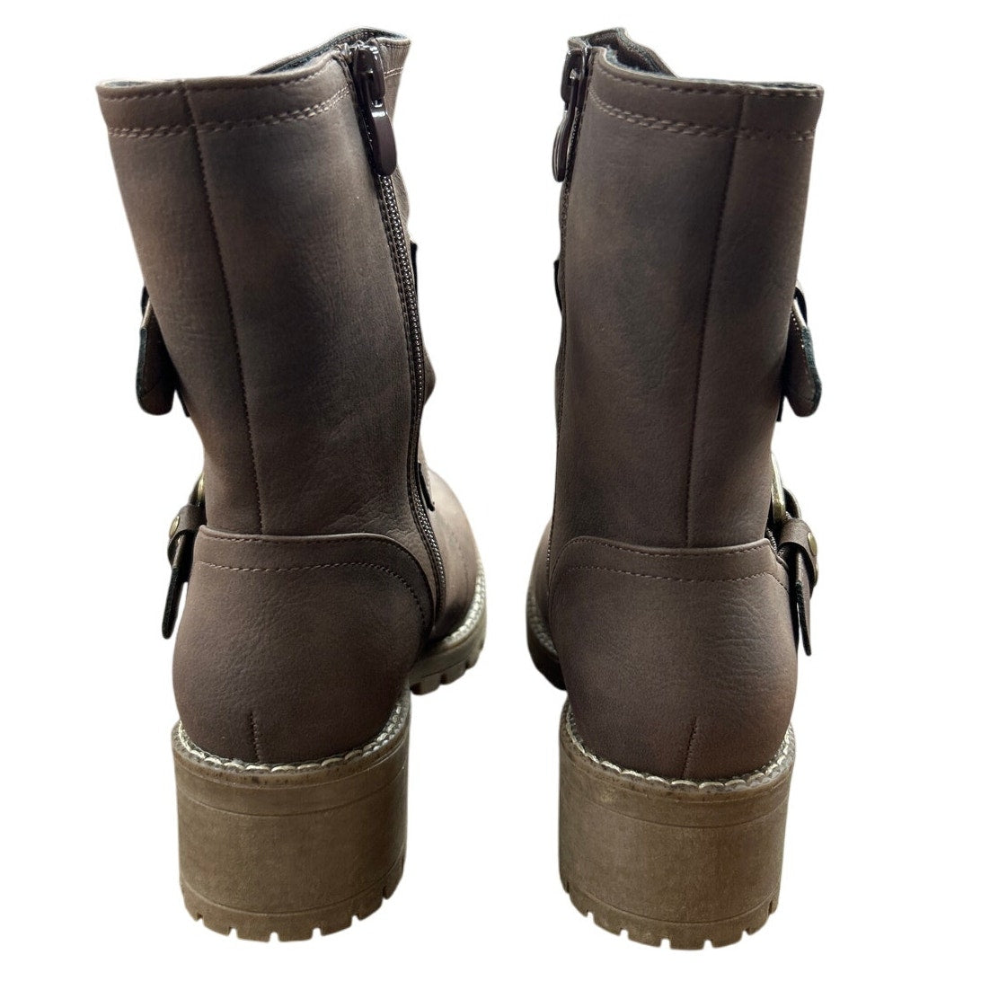Global Win Womens Size 5.5 Brown Faux Leather Lace Up Mid Calf Motorcycle Boots