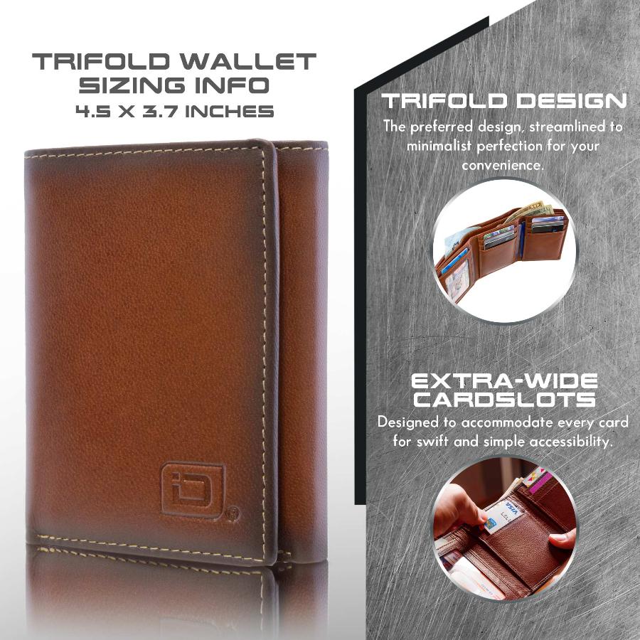 Mens RFID Wallet - Extra Capacity Leather Trifold 7 slot with ID Window