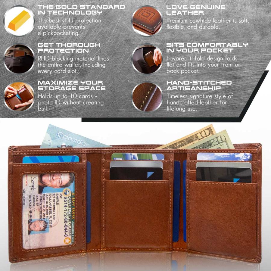 Mens RFID Wallet - Extra Capacity Leather Trifold 7 slot with ID Window
