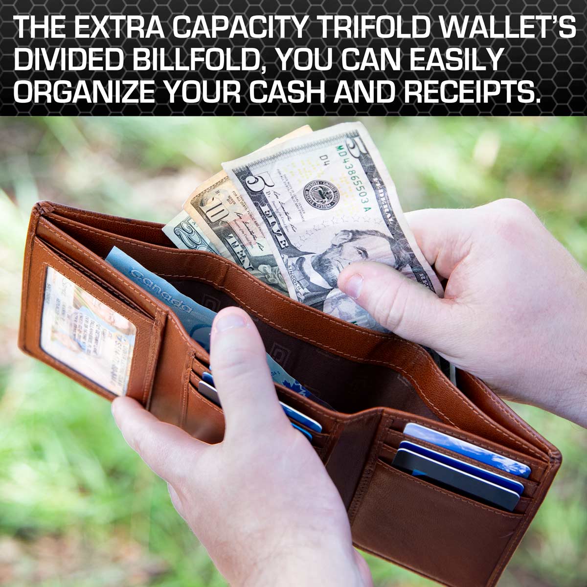 Mens RFID Wallet - Extra Capacity Leather Trifold 7 slot with ID Window
