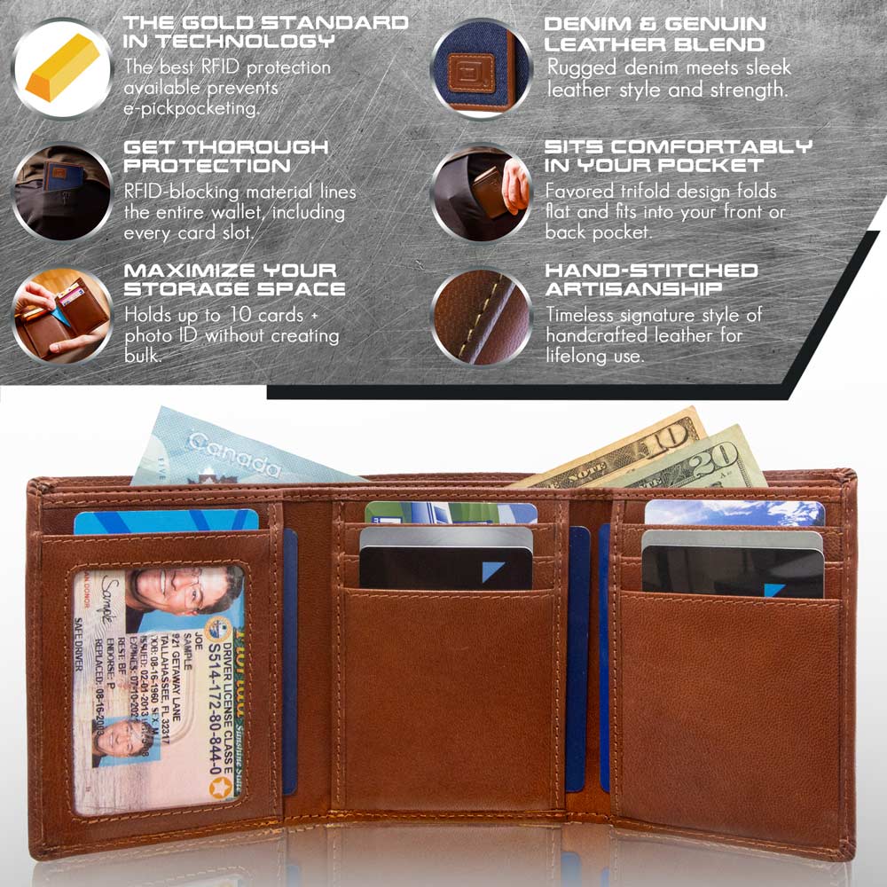 Mens RFID Wallet - Extra Capacity Leather Trifold 7 slot with ID Window