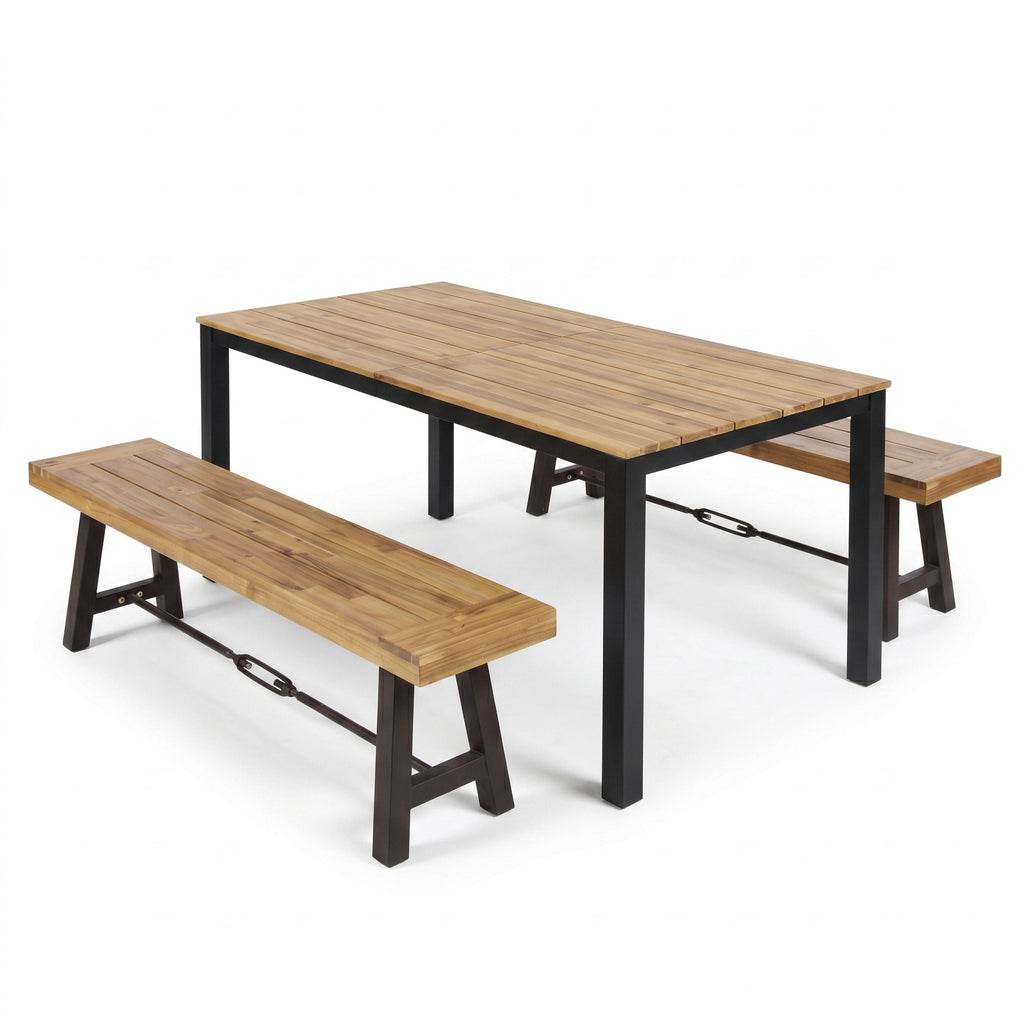 3-Piece Outdoor Acacia Wood Dining Set, 71" Rectangular Patio Table & 2 Benches