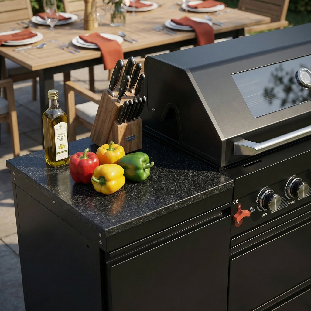 63" 6-Burner 85,000 BTU Black Outdoor Kitchen Island Grill + Marble Countertops