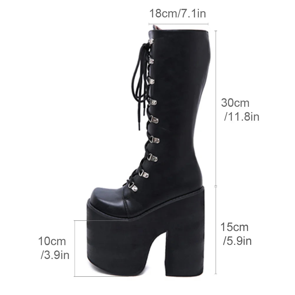 Gdgydh Women's Y2K Side Zipper Platform Boots Knee High Motorcycle Boots Black Closed Toe Lace Up Long Boots