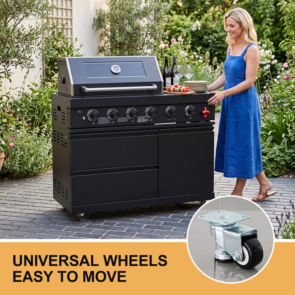 63" 6-Burner 85,000 BTU Black Outdoor Kitchen Island Grill + Marble Countertops