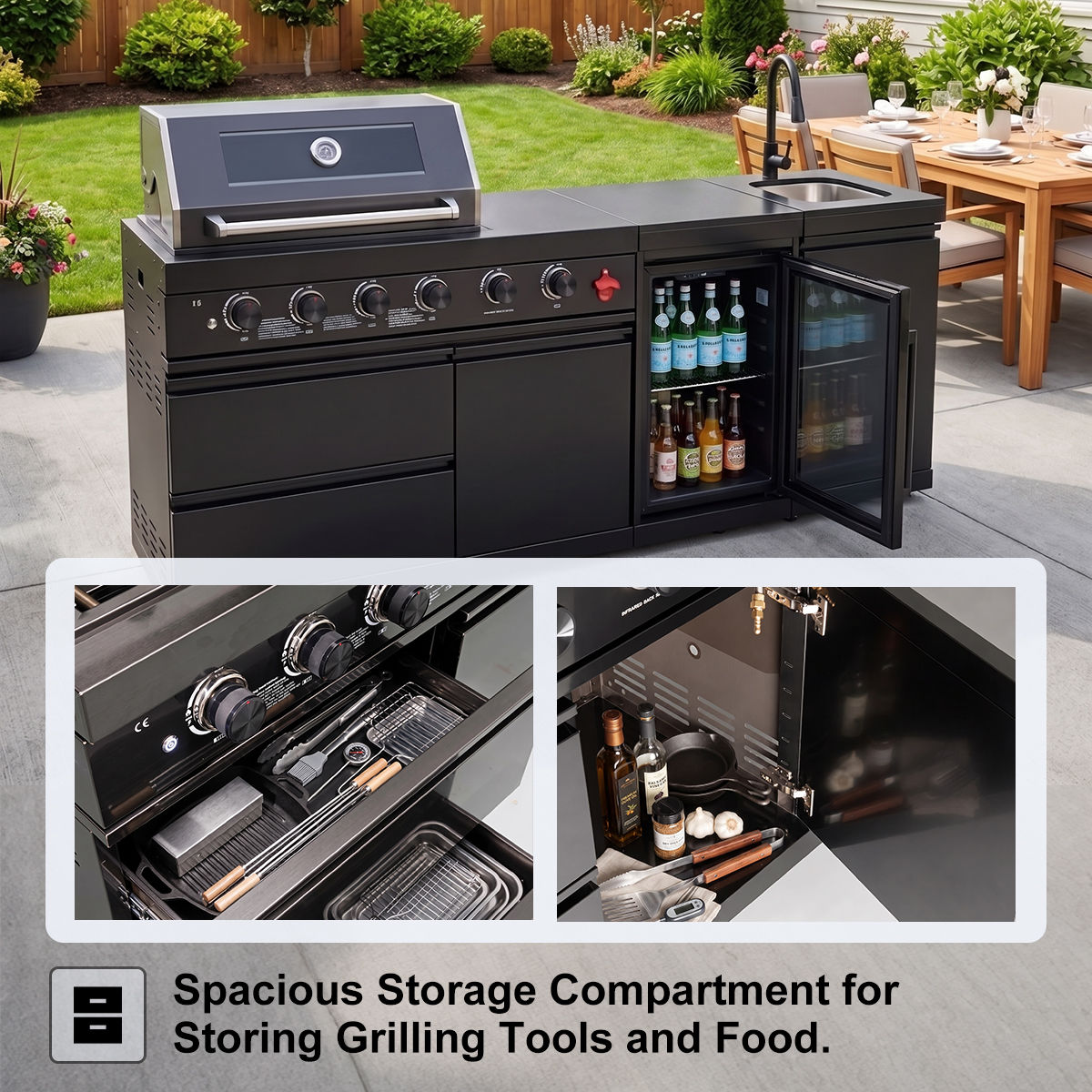 63" 6-Burner 85,000 BTU Black Outdoor Kitchen Island Grill + Marble Countertops