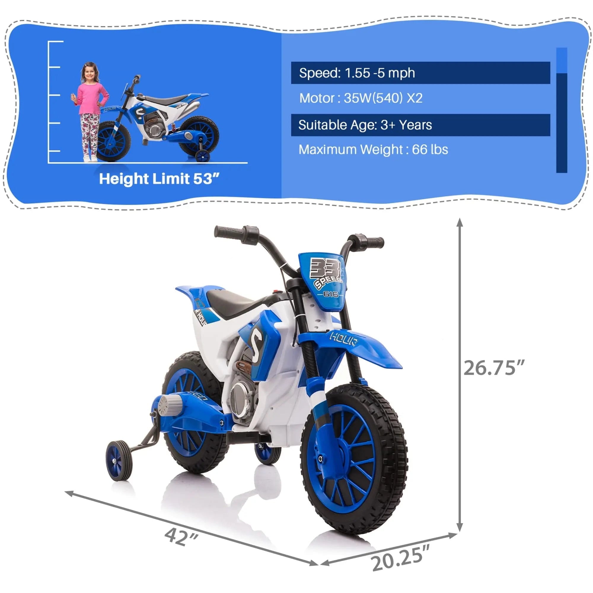 TOBBI 12V Electric Kids Ride-On Dirt Bike with Training Wheels