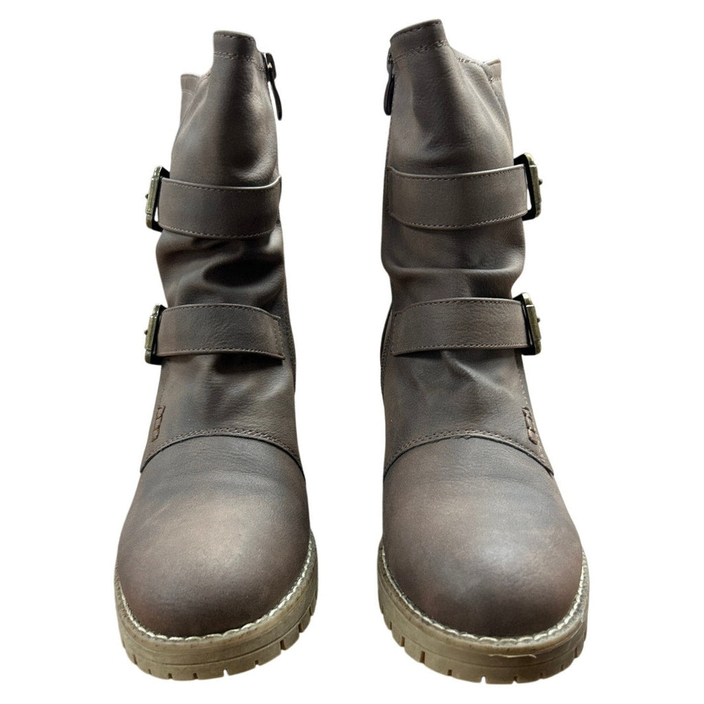 Global Win Womens Size 5.5 Brown Faux Leather Lace Up Mid Calf Motorcycle Boots