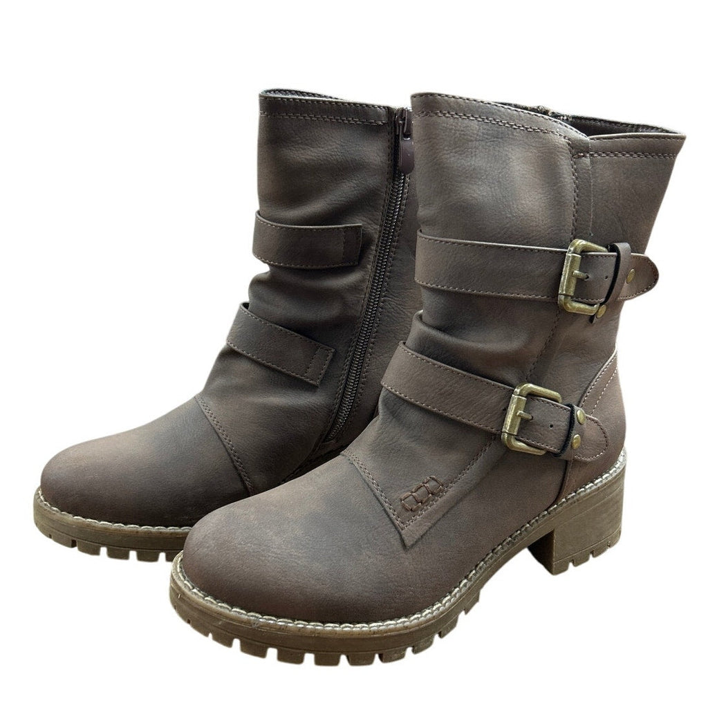 Global Win Womens Size 5.5 Brown Faux Leather Lace Up Mid Calf Motorcycle Boots